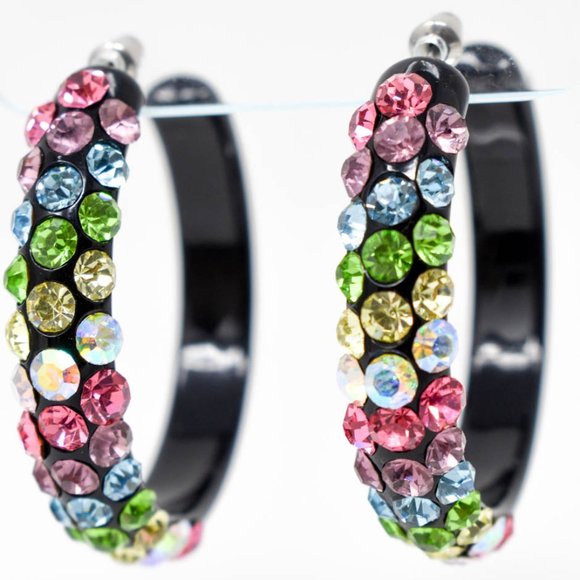 2" Diagonal Multicolor Rhinestones Black Hoops (B) - Picture 6 of 13